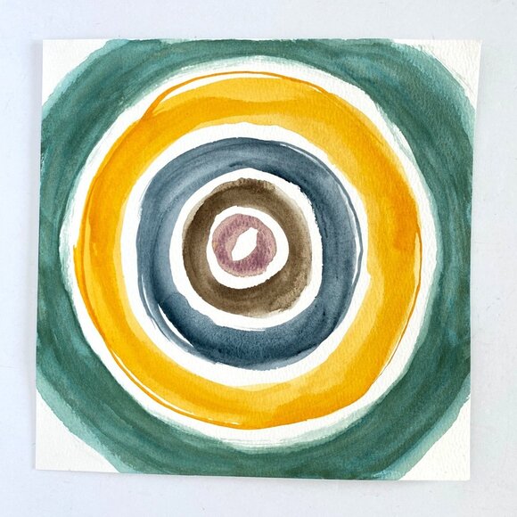 Turning 1 Original Art Bullseye Watercolor Painting on 8x8in Paper - Picture 2 of 4